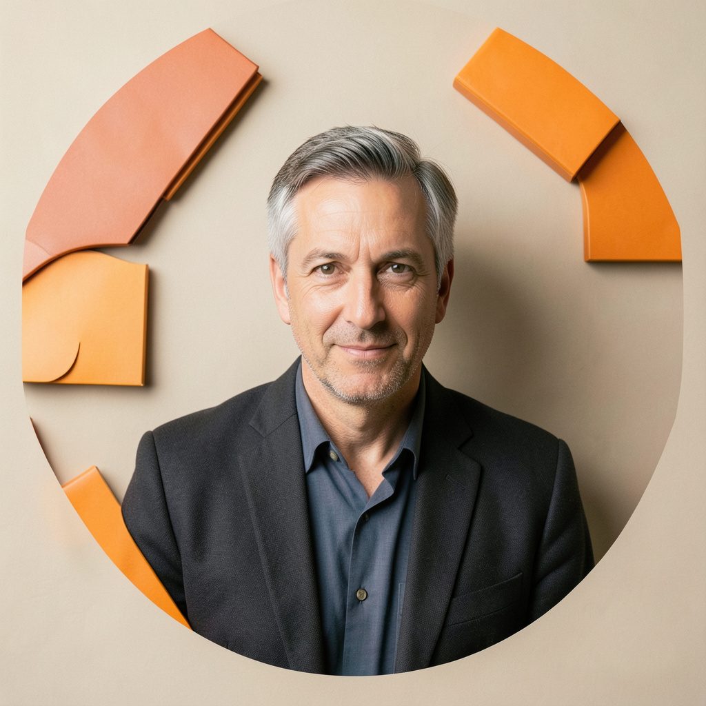 A circular portrait photograph of a man in his fifties with short graying hair, wearing a dark blazer against a soft neutral background, warm and academic in tone.