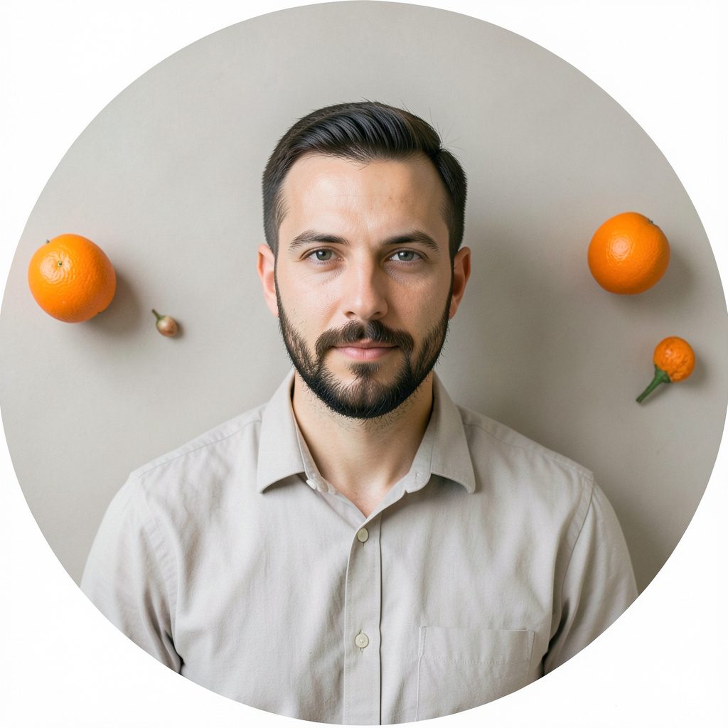 A circular portrait photograph of a man in his thirties with a trimmed beard, wearing a collared shirt, set against a muted studio backdrop with soft natural light.